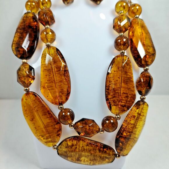 Amber Tone Necklace Earrings Set Faceted Beads Gold Chain Statement 16" - 19" - Picture 13 of 16